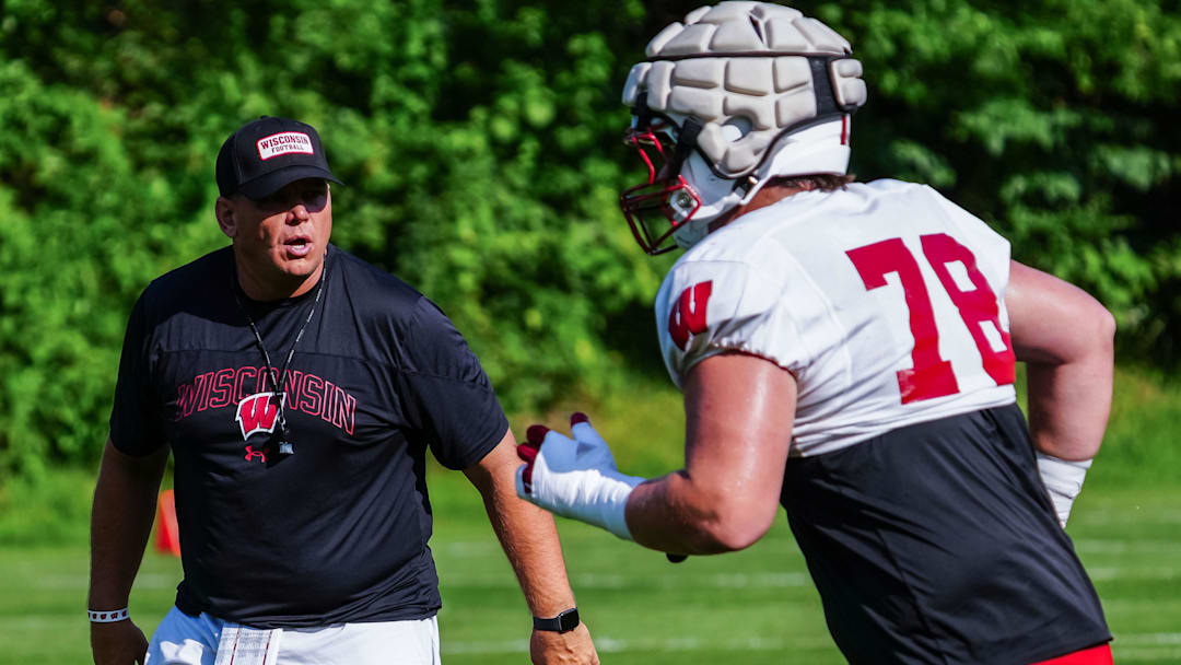 Wisconsin offensive line coach AJ Blazek is shown during football practice Wednesday, August 14, 2024 in Madison, Wisconsin.