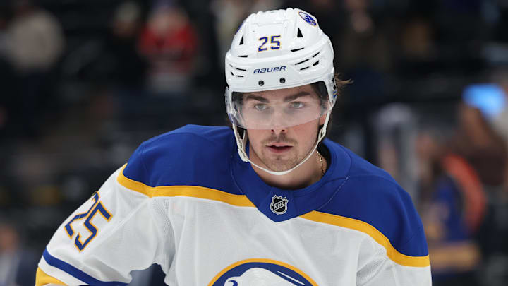Mar 20, 2025; Salt Lake City, Utah, USA; Buffalo Sabres defenseman Owen Power (25) warms up before a game against the Utah Hockey Club at Delta Center. Mandatory Credit: Rob Gray-Imagn Images