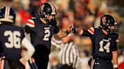 Nashville Christian's Jared Curtis (2) celebrates his touchdown against Columbia Academy with Zane Crampton (14) during the third quarter of the Division II-A championship game at Finley Stadium in Chattanooga, Tenn., Thursday, Dec. 5, 2024.