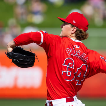 Feb 27, 2024; Tempe, Arizona, USA; Los Angeles Angels pitcher Zach Plesac against the Milwaukee Brewers during a spring training game at Tempe Diablo Stadium. Mandatory Credit: Mark J. Rebilas-USA TODAY Sports