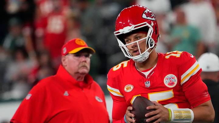 Kansas City Chiefs quarterback Patrick Mahomes and head coach Andy Reid pre-game against the Jets at MetLife Stadium.