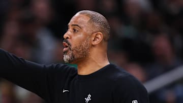 Nov 1, 2025; Boston, Massachusetts, USA; Houston Rockets head coach Ime Udoka reacts during the first half against the Boston Celtics at TD Garden. Mandatory Credit: Paul Rutherford-Imagn Images