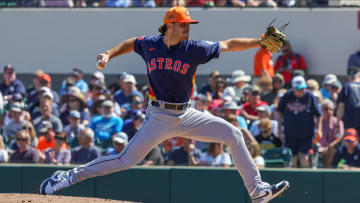 Feb 26, 2024; Lakeland, Florida, USA; Houston Astros pitcher Spencer Arrighetti (75) pitches during