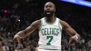 Boston Celtics guard Jaylen Brown (7) reacts after scoring against the Phoenix Suns during the second half at Footprint Center.