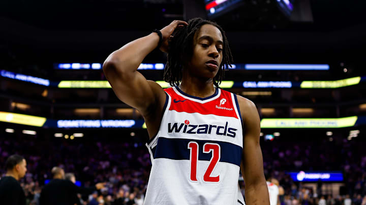 Jan 16, 2026; Sacramento, California, USA; Washington Wizards guard Tre Johnson (12) reacts after the game against the Sacramento Kings at Golden 1 Center. Mandatory Credit: Sergio Estrada-Imagn Images