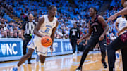 Nov 14, 2025; Chapel Hill, North Carolina, USA; North Carolina Tar Heels forward Caleb Wilson (8) drives with the ball during the second half against the North Carolina Central Eagles at Dean E. Smith Center. 