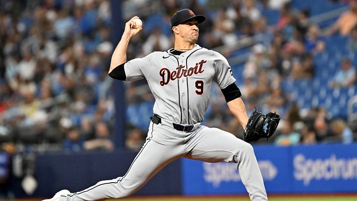 Jun 2, 2026; St. Petersburg, Florida, USA; Detroit Tigers starting pitcher Jack Flaherty (9) throws a pitch in the first inning against the Tampa Bay Rays at Tropicana Field. Mandatory Credit: Jonathan Dyer-Imagn Images