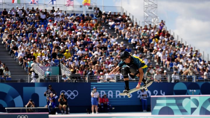 Aug 7, 2024; Paris, France; Keegan Palmer (AUS) competes in menís park preliminaries during the Paris 2024 Olympic Summer Games at La Concorde 4.