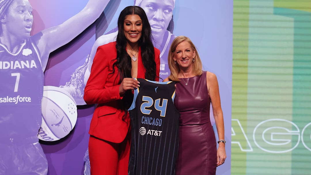Apr 15, 2024; Brooklyn, NY, USA; Kamilla Cardoso poses with WNBA commissioner Cathy Engelbert after she is selected with the number three overall pick to the Chicago Sky in the 2024 WNBA Draft at Brooklyn Academy of Music. Mandatory Credit: Brad Penner-Imagn Images