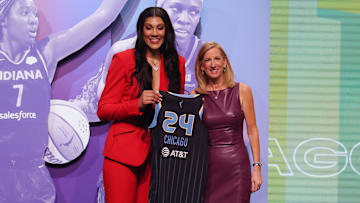 Apr 15, 2024; Brooklyn, NY, USA; Kamilla Cardoso poses with WNBA commissioner Cathy Engelbert after she is selected with the number three overall pick to the Chicago Sky in the 2024 WNBA Draft at Brooklyn Academy of Music. Mandatory Credit: Brad Penner-Imagn Images