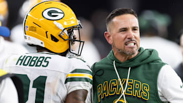 Oct 19, 2025; Glendale, Arizona, USA; Green Bay Packers head coach Matt LaFleur with cornerback Nate Hobbs (21) against the Arizona Cardinals at State Farm Stadium.