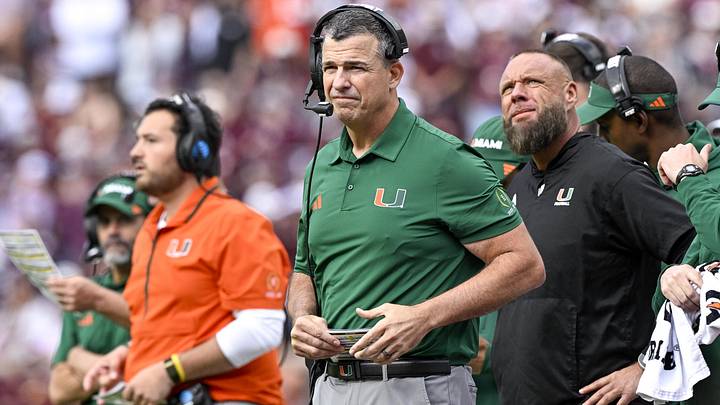 Dec 20, 2025; College Station, TX, USA; Miami Hurricanes head coach Mario Cristobal looks on during the game between the Aggies and the Hurricanes at Kyle Field. Mandatory Credit: Jerome Miron-Imagn Images