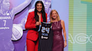 Apr 15, 2024; Brooklyn, NY, USA; Kamilla Cardoso poses with WNBA commissioner Cathy Engelbert after she is selected with the number three overall pick to the Chicago Sky in the 2024 WNBA Draft at Brooklyn Academy of Music. Mandatory Credit: Brad Penner-Imagn Images