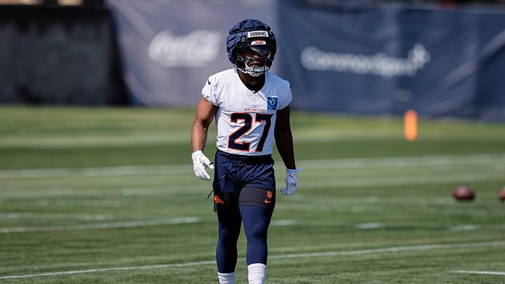 Jul 23, 2025; Englewood, CO, USA; Denver Broncos running back J.K. Dobbins (27) during Denver Broncos Training Camp. Mandatory Credit: Isaiah J. Downing-Imagn Images