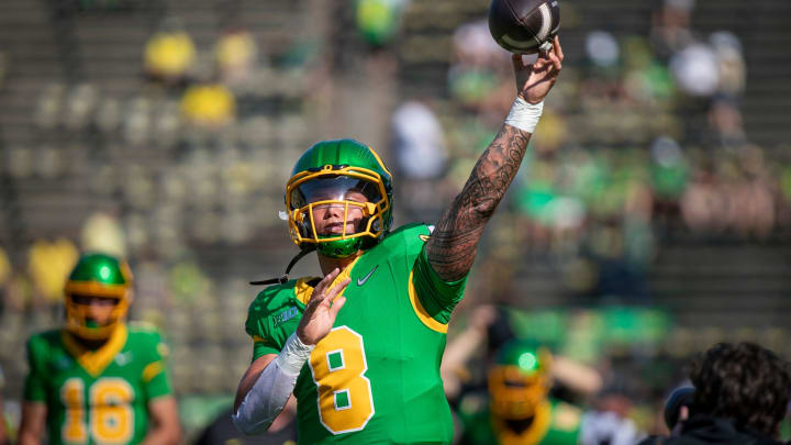 Oregon Ducks quarterback Dillon Gabriel throws out a pass during warm ups as the Oregon Ducks host the Idaho Vandals Saturday, Aug. 31, 2024 at Autzen Stadium in Eugene, Ore.