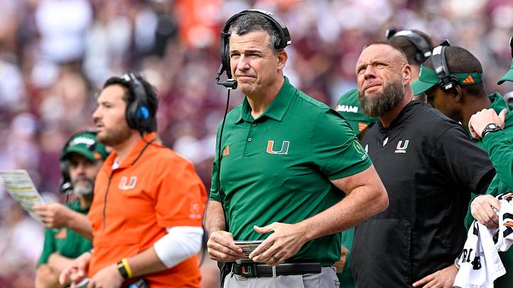 Dec 20, 2025; College Station, TX, USA; Miami Hurricanes head coach Mario Cristobal looks on during the game between the Aggies and the Hurricanes at Kyle Field. Mandatory Credit: Jerome Miron-Imagn Images