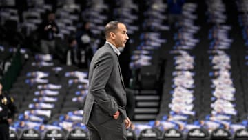 Feb 10, 2025; Dallas, Texas, USA; Dallas Mavericks general manager Nico Harrison walks on to the court before the game between the Dallas and the Sacramento Kings at the American Airlines Center. Mandatory Credit: Jerome Miron-Imagn Images