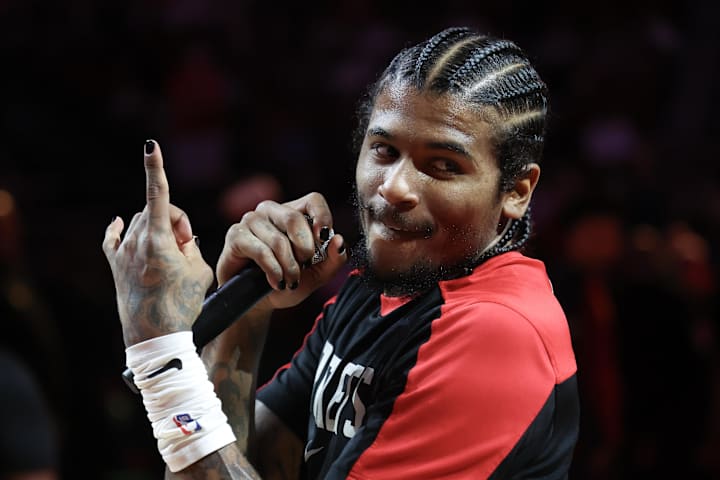 Houston Rockets guard Jalen Green talks to the fans before playing against the Denver Nuggets.