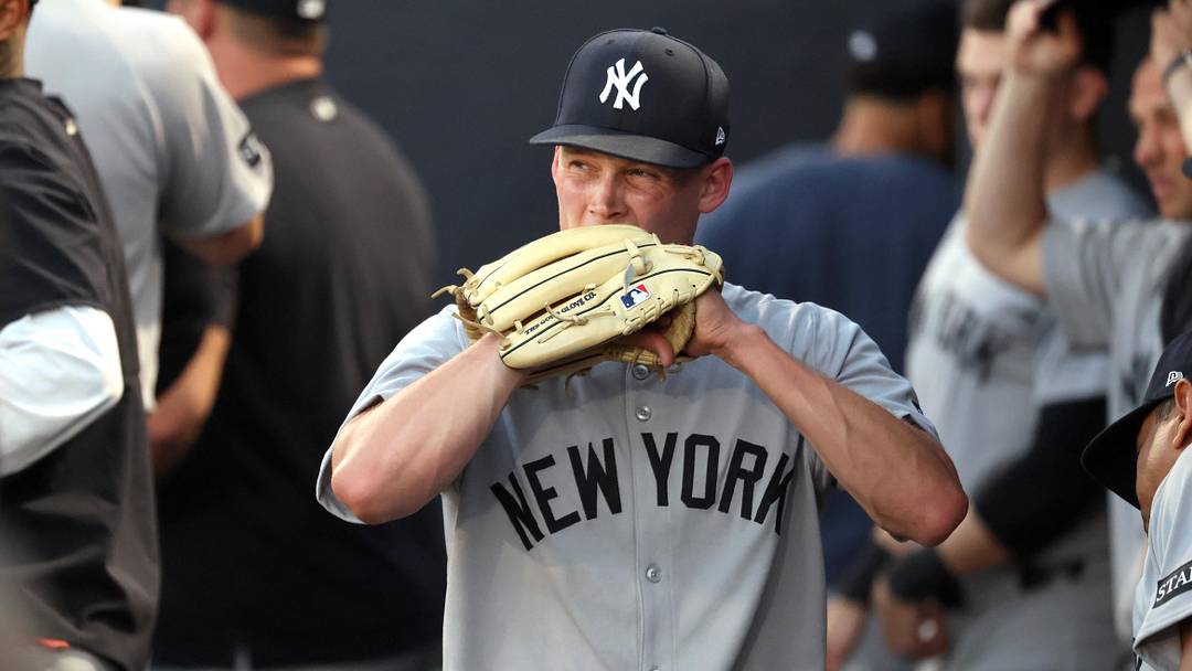Apr 17, 2025; St. Petersburg, Florida, USA; New York Yankees starting pitcher Will Warren (98) reacts in the dugout as he left the game during the second inning against the Tampa Bay Rays at George M. Steinbrenner Field. Apr 17, 2025; St. Petersburg, Florida, USA; New York Yankees starting pitcher Will Warren (98) reacts in the dugout as he left the game during the second inning against the Tampa Bay Rays at George M. Steinbrenner Field.