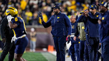 Michigan head coach Sherrone Moore reacts to a play against Purdue during the second half at Michigan Stadium in Ann Arbor on Saturday, November 1, 2025.