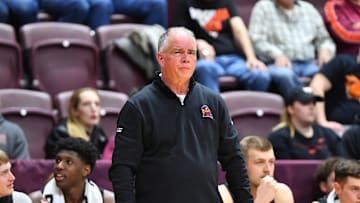 Feb 5, 2025; Blacksburg, Virginia, USA;  Virginia Tech Hokies head coach Mike Young during the second half against the Southern Methodist Mustangs at Cassell Coliseum. Mandatory Credit: Brian Bishop-Imagn Images