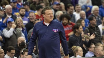 Mar 12, 2022; Kansas City, MO, USA; Kansas Jayhawks head coach Bill Self smiles in the second half against the Texas Tech Red Raiders at T-Mobile Center. Mandatory Credit: Amy Kontras-Imagn Images