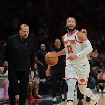 Mar 2, 2025; Miami, Florida, USA; New York Knicks guard Jalen Brunson (11) dribbles the basketball against the Miami Heat during the first quarter at Kaseya Center. Mandatory Credit: Sam Navarro-Imagn Images
