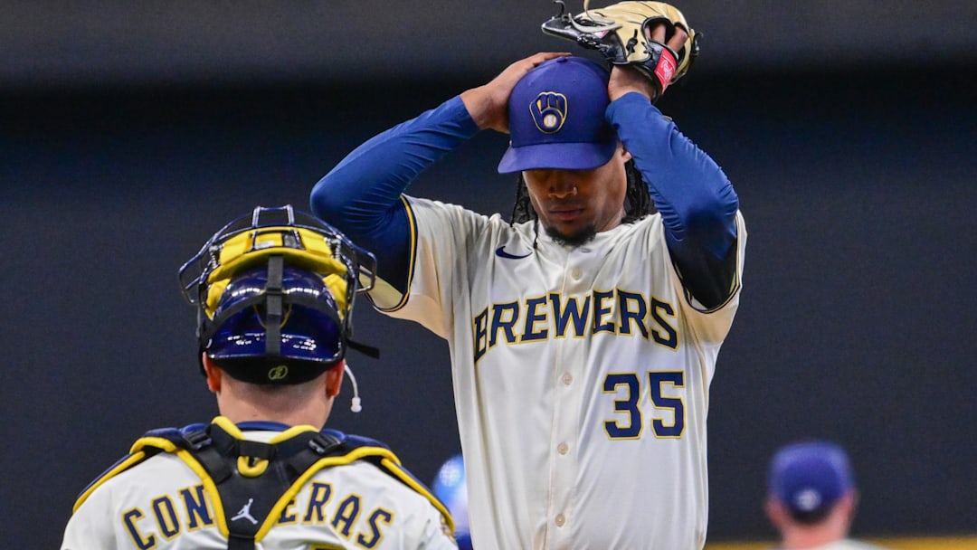 Mar 31, 2025; Milwaukee, Wisconsin, USA;  Milwaukee Brewers starting pitcher Elvin Rodriguez (35) reacts in the first inning against the Kansas City Royals at American Family Field. Mandatory Credit: Benny Sieu-Imagn Images