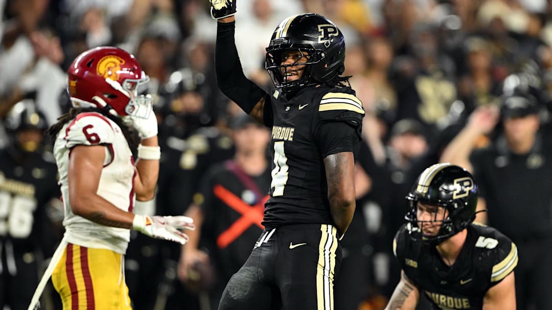 Purdue Boilermakers defensive back Hudauri Hines (4) celebrates an incomplete pass.