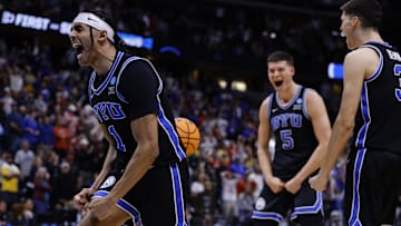 Mar 22, 2025; Denver, CO, USA; Brigham Young Cougars guard Trey Stewart (1) reacts after defeating the Wisconsin Badgers in the second round of the NCAA Tournament  at Ball Arena. Mandatory Credit: Isaiah J. Downing-Imagn Images