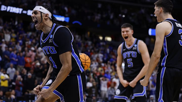 Mar 22, 2025; Denver, CO, USA; Brigham Young Cougars guard Trey Stewart (1) reacts after defeating the Wisconsin Badgers in the second round of the NCAA Tournament  at Ball Arena. Mandatory Credit: Isaiah J. Downing-Imagn Images