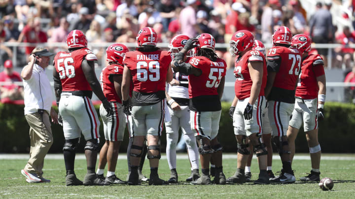 Apr 13, 2024; Athens, GA, USA; Georgia Bulldogs huddle on the field during the G-Day Game at Sanford Stadium. Mandatory Credit: Mady Mertens-USA TODAY Sports