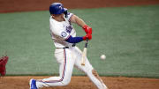 Jul 25, 2024; Arlington, Texas, USA; Texas Rangers left fielder Wyatt Langford (36) bats in the fifth inning against the Chicago White Sox at Globe Life Field. Mandatory Credit: Tim Heitman-USA TODAY Sports