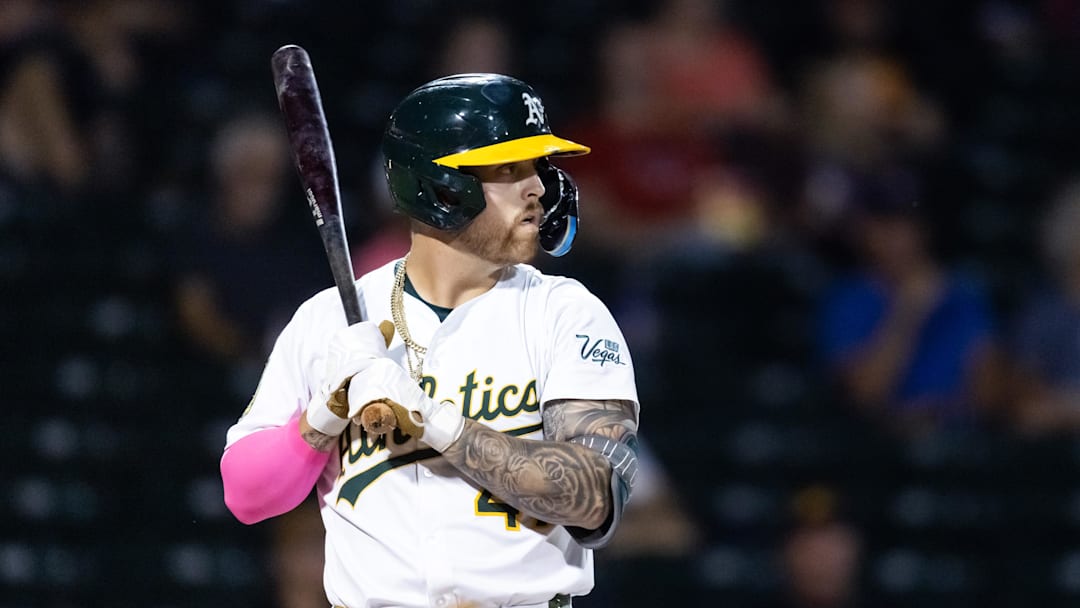 Nov 9, 2025; Mesa, AZ, USA; Oakland Athletics infielder Tommy White during the Arizona Fall League Fall Stars Game at Sloan Park. Mandatory Credit: Mark J. Rebilas-Imagn Images