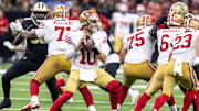 Sep 14, 2025; New Orleans, Louisiana, USA;  San Francisco 49ers quarterback Mac Jones (10) passes against the New Orleans Saints during the second half at Caesars Superdome. Mandatory Credit: Stephen Lew-Imagn Images