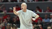 Feb 4, 2025; Houston, Texas, USA; Oklahoma State Cowboys head coach Steve Lutz reacts during the first half against the Houston Cougars at Fertitta Center. Mandatory Credit: Troy Taormina-Imagn Images