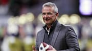 Jan 20, 2025; Atlanta, GA, USA; Urban Meyer looks on during the second half the CFP National Championship college football game at Mercedes-Benz Stadium. Mandatory Credit: Brett Davis-Imagn Images