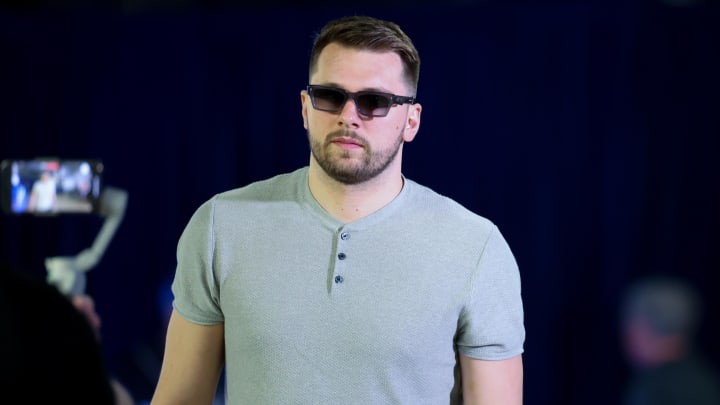 May 18, 2024; Dallas, Texas, USA; Dallas Mavericks guard Luka Doncic (77) walks into the arena before the game against the Oklahoma City Thunder in the second round of the 2024 NBA playoffs at American Airlines Center. Mandatory Credit: Kevin Jairaj-USA TODAY Sports