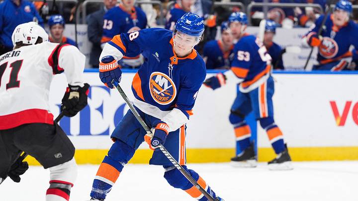 Apr 11, 2026; Elmont, New York, USA; New York Islanders defenseman Matthew Schaefer (48) shoots the puck in the second period at UBS Arena. Mandatory Credit: Alexander Wohl-Imagn Images Apr 11, 2026; Elmont, New York, USA; New York Islanders defenseman Matthew Schaefer (48) shoots the puck in the second period at UBS Arena. Mandatory Credit: Alexander Wohl-Imagn Images