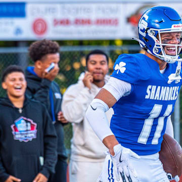 Detroit Catholic Central's Gideon Gash celebrates a touchdown during a football game on Friday, Aug. 29, 2025.