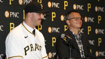 Jul 18, 2023; Pittsburgh, Pennsylvania, USA;  Pittsburgh Pirates pitcher Paul Skenes (left) speaks a