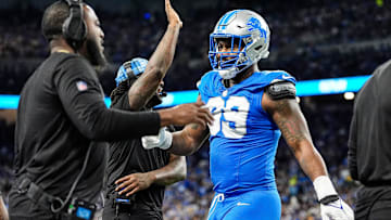 Detroit Lions defensive end Za'Darius Smith (99) walks off field after a play against Green Bay Packers during the first half at Ford Field in Detroit on Thursday, Dec. 5, 2024.