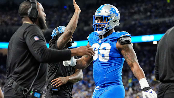 Detroit Lions defensive end Za'Darius Smith (99) walks off field after a play against Green Bay Packers during the first half at Ford Field in Detroit on Thursday, Dec. 5, 2024.