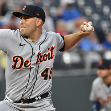 May 24, 2023; Kansas City, Missouri, USA; Detroit Tigers starting pitcher Matthew Boyd (48) delivers a pitch during the first inning against the Kansas City Royals at Kauffman Stadium. Mandatory Credit: Peter Aiken-USA TODAY Sports