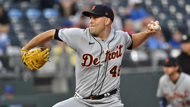 May 24, 2023; Kansas City, Missouri, USA; Detroit Tigers starting pitcher Matthew Boyd (48) delivers a pitch during the first inning against the Kansas City Royals at Kauffman Stadium. Mandatory Credit: Peter Aiken-USA TODAY Sports