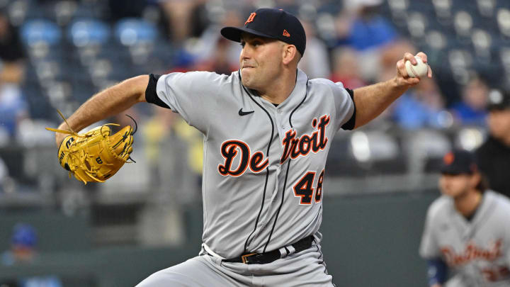 May 24, 2023; Kansas City, Missouri, USA; Detroit Tigers starting pitcher Matthew Boyd (48) delivers a pitch during the first inning against the Kansas City Royals at Kauffman Stadium. Mandatory Credit: Peter Aiken-USA TODAY Sports