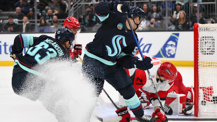 Mar 2, 2026; Seattle, Washington, USA; Seattle Kraken center Ben Meyers (59) scores a goal against the Carolina Hurricanes during the second period at Climate Pledge Arena. Mandatory Credit: Steven Bisig-Imagn Images