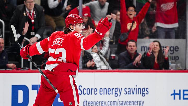 Mar 16, 2026; Detroit, Michigan, USA; Detroit Red Wings defenseman Moritz Seider (53) celebrates his goal during the second period against the Calgary Flames at Little Caesars Arena. Mandatory Credit: Tim Fuller-Imagn Images