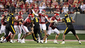 Aug 29, 2024; Little Rock, Arkansas, USA; Arkansas Razorbacks quarterback Taylen Green (10) passes in the second quarter against the Pine Bluff Golden Lions at War Memorial Stadium. Mandatory Credit: Nelson Chenault-USA TODAY Sports