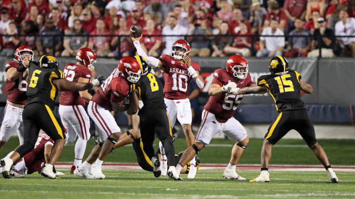 Aug 29, 2024; Little Rock, Arkansas, USA; Arkansas Razorbacks quarterback Taylen Green (10) passes in the second quarter against the Pine Bluff Golden Lions at War Memorial Stadium. Mandatory Credit: Nelson Chenault-USA TODAY Sports